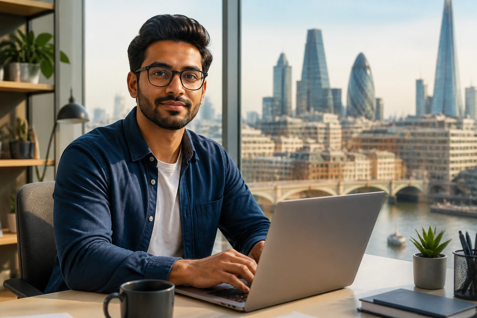 Mid-shot portrait of an AI engineer in an office with London skyline view.