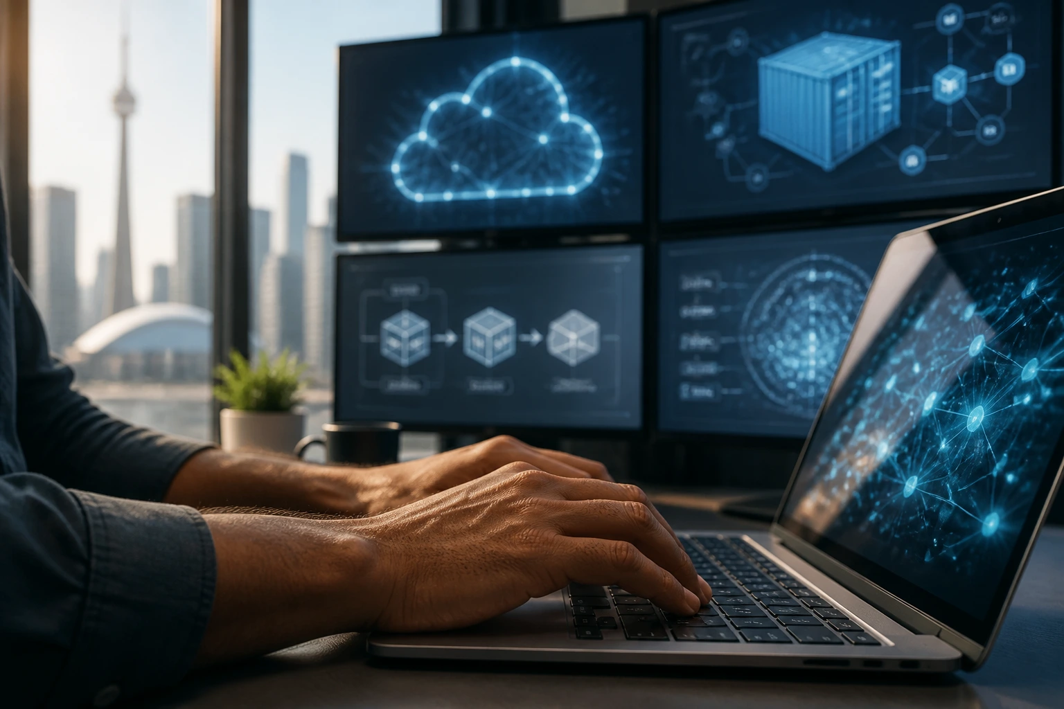Close-up of a senior AI engineer's hands on a keyboard in a modern office with abstract data visuals in the background