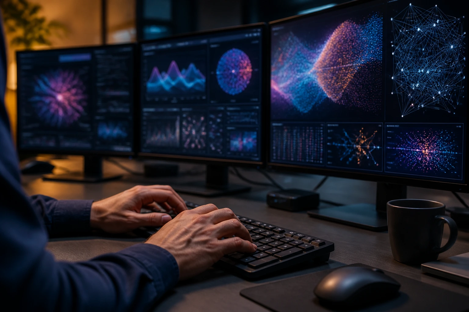 Hands on keyboard with abstract data visuals on screens