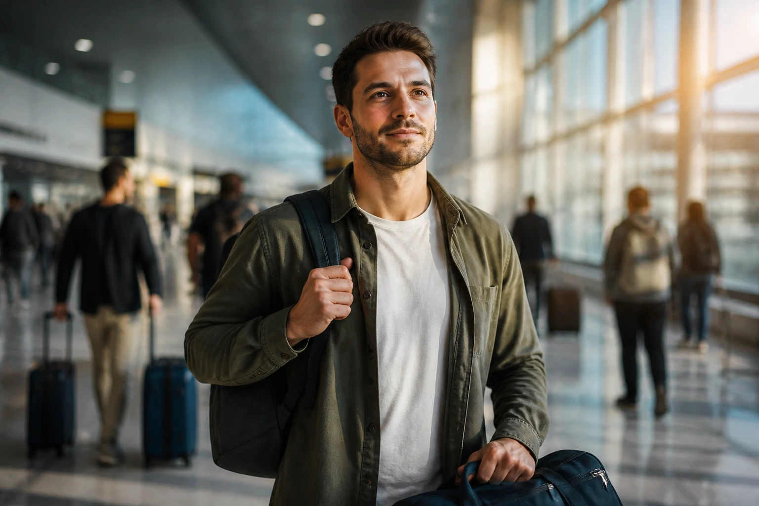 Close-up portrait of a real person in an airport environment moving toward the camera