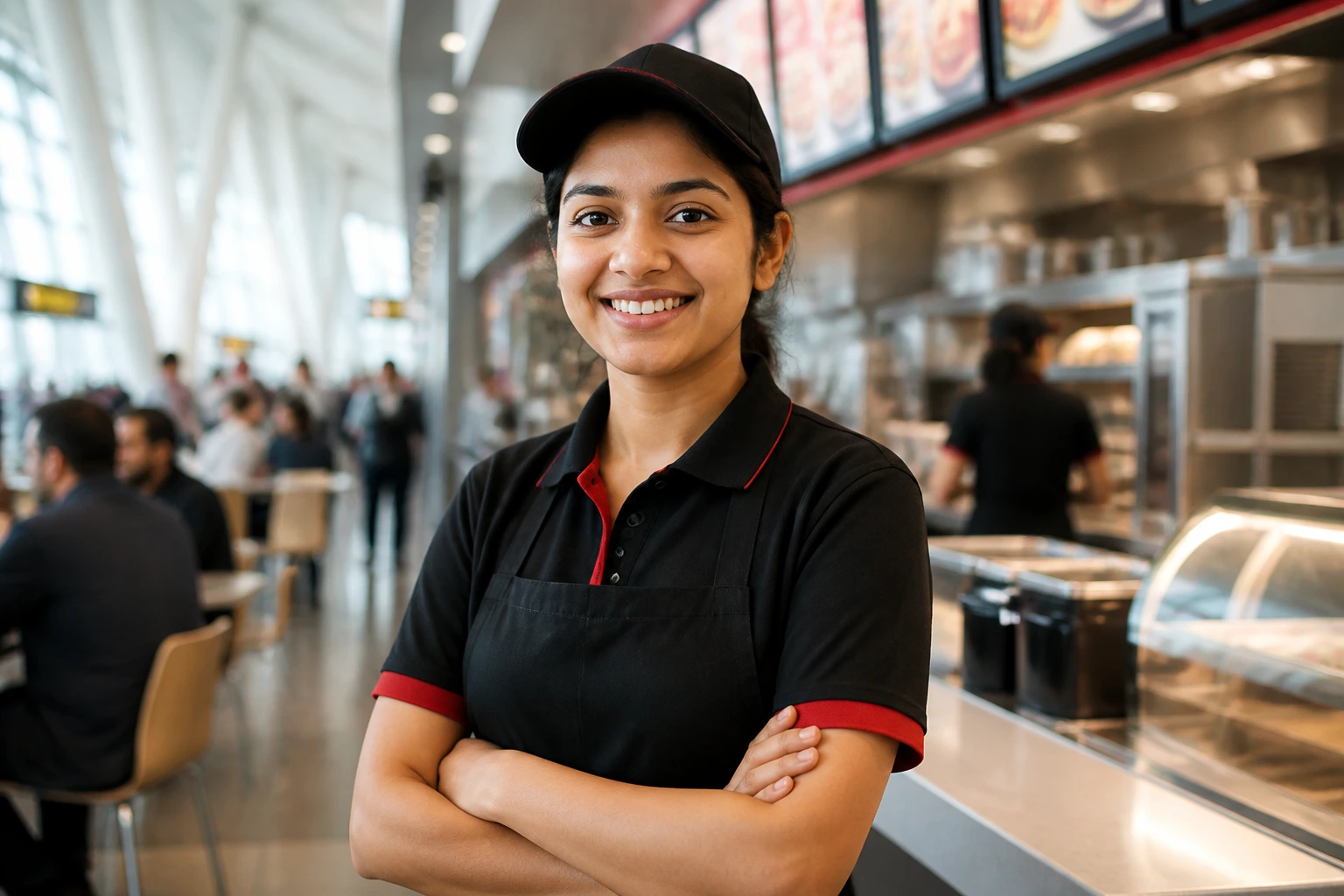 Fast-food worker in uniform standing in an airport-style food court.