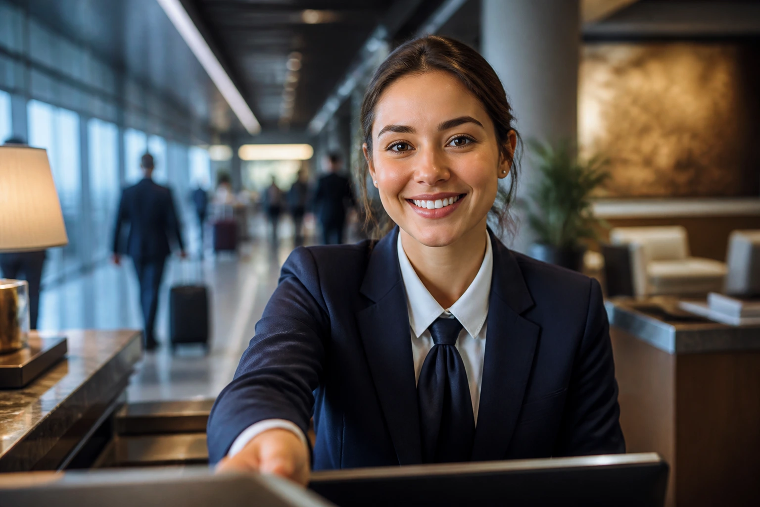 Close-up front desk agent at an airport hotel lobby