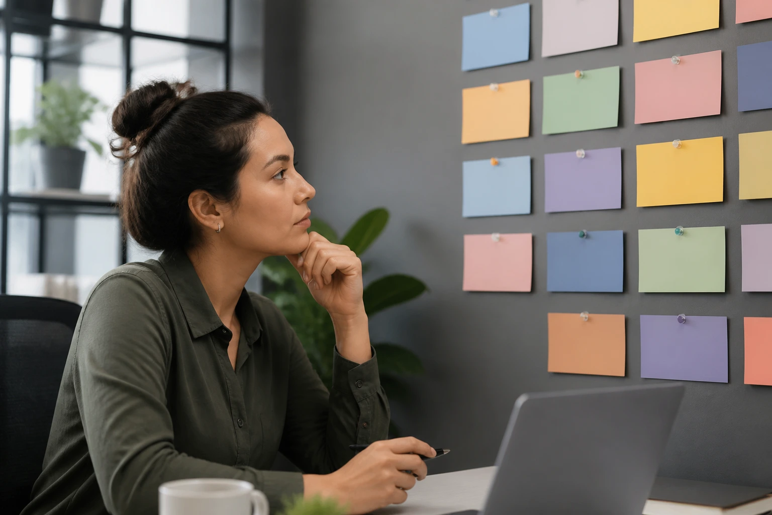 Real person at a desk with a wall of abstract job-title cards behind