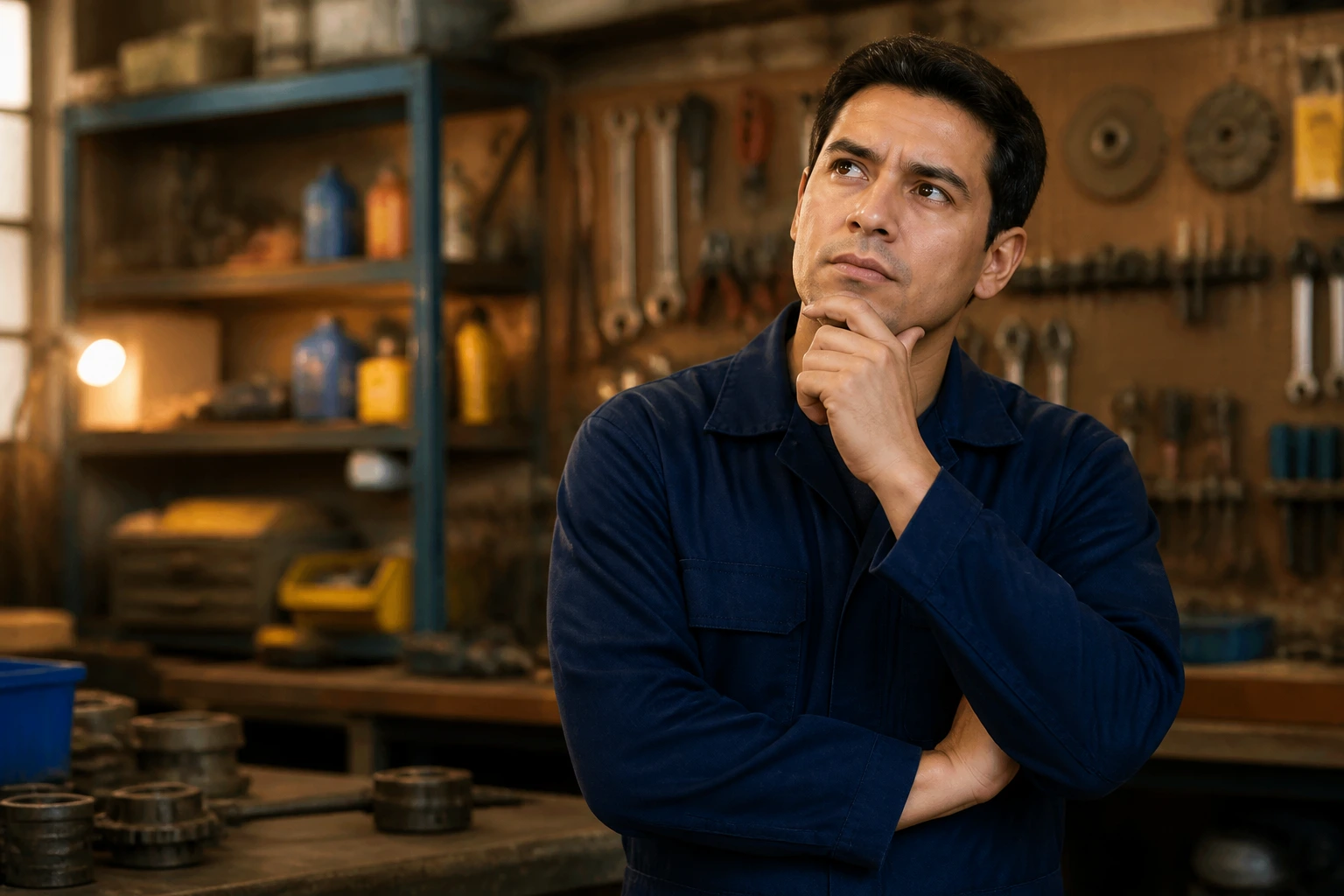 Worker considering career alternatives in a workshop setting