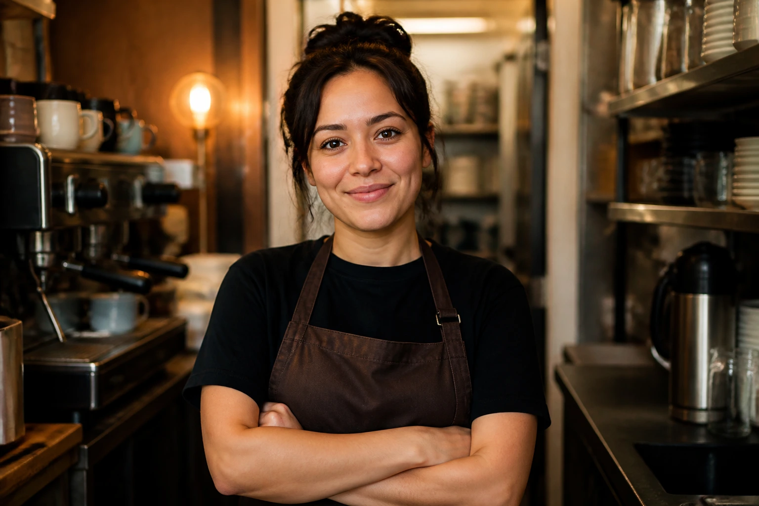 Real worker in cafe apron in hospitality backroom, demonstrating alternative paths to coffee work