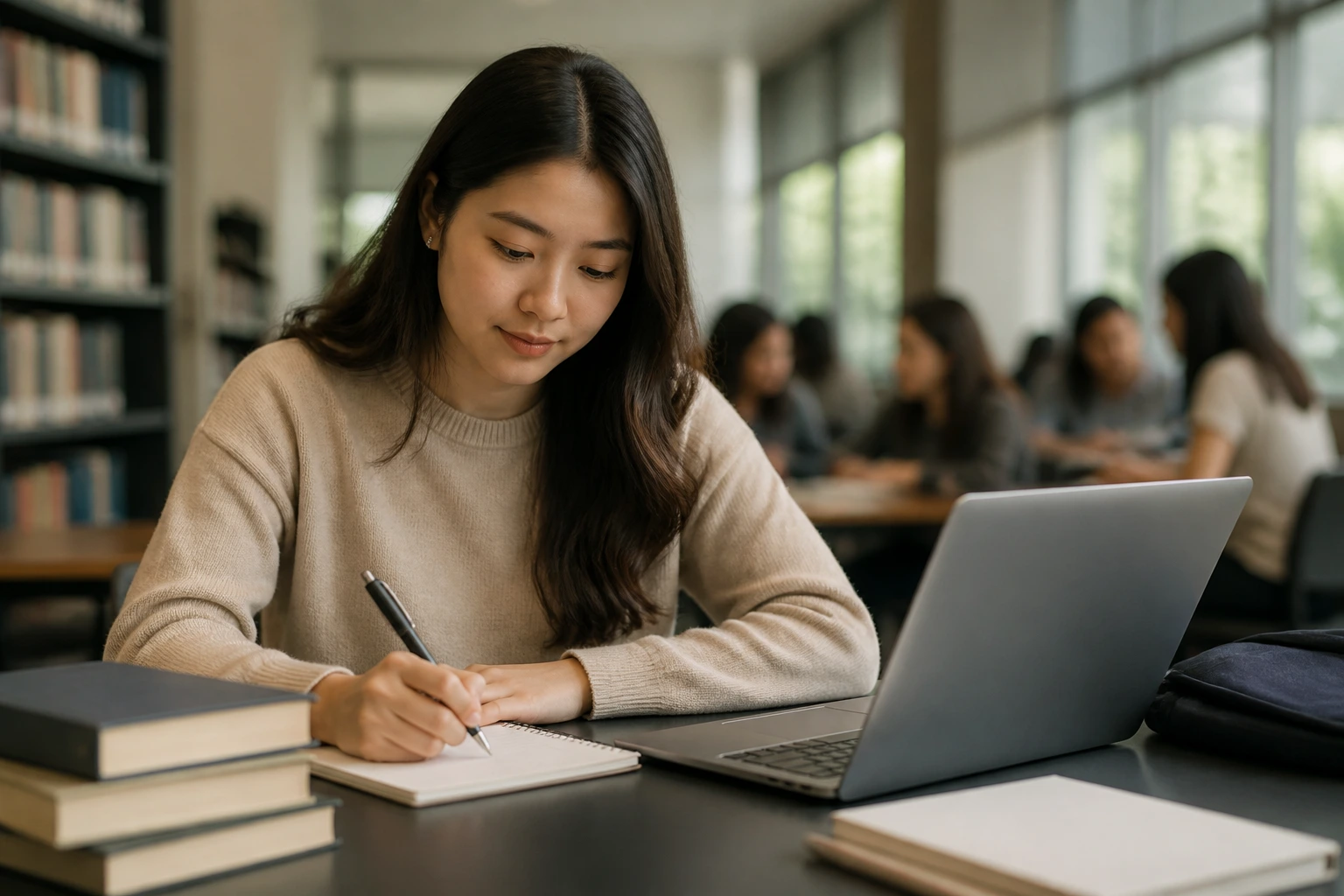 Student studying in a campus library exploring alternative entry routes