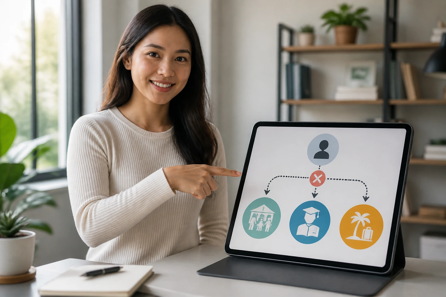 Portrait of a person in a study space with a tablet showing pathway icons for alternative child care careers.