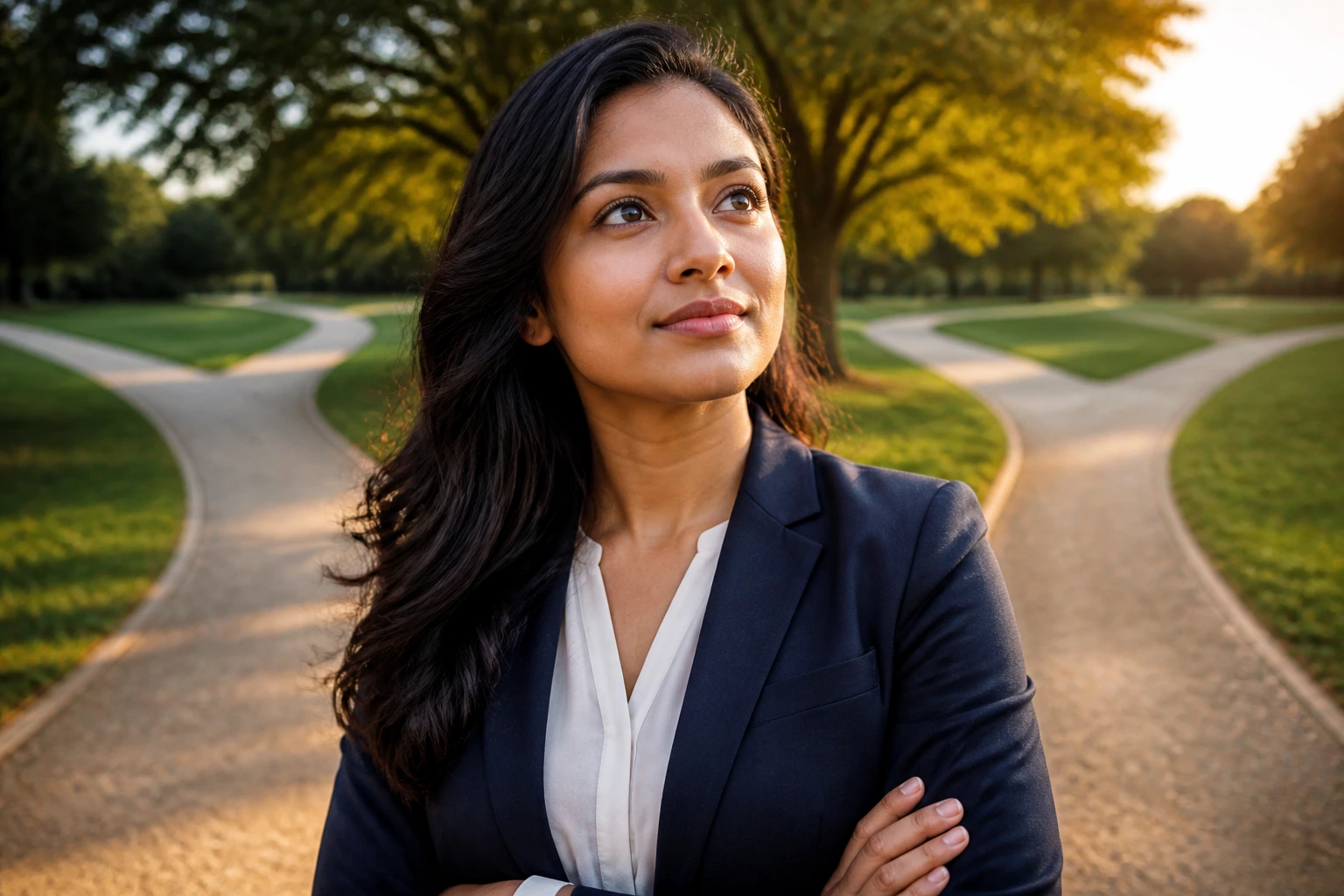 Professional at park crossroads symbolizing alternative pathways in sponsorship journey