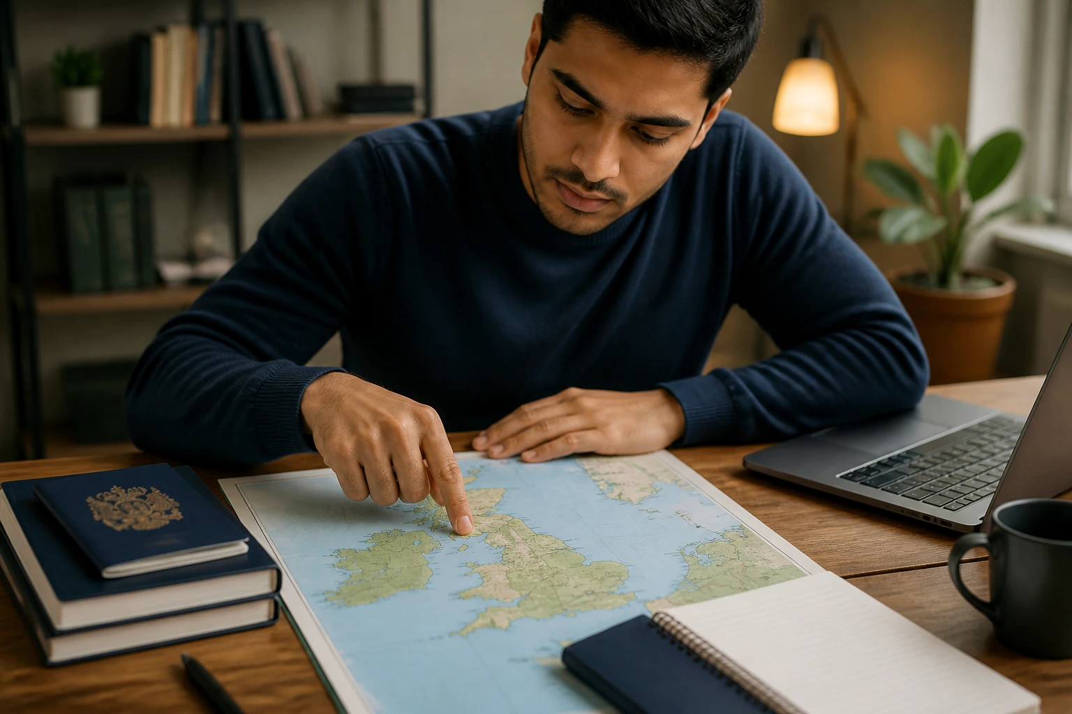 Close-up of a professional planning relocation with map and passport on a desk