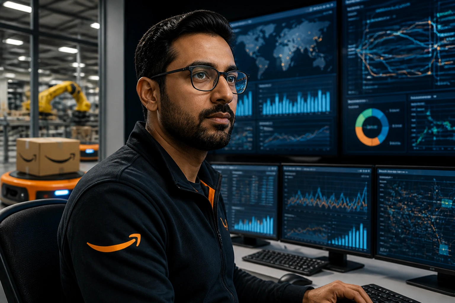 Close-up portrait of a logistics tech specialist in a control room, representing Amazon sponsorship