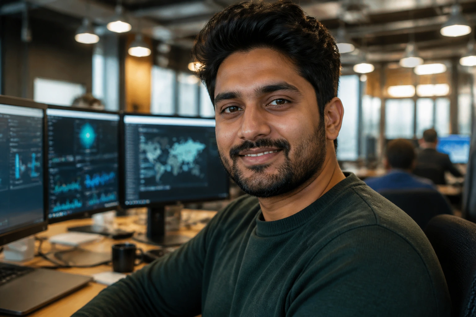 Close-up portrait of an Amazon UK software engineer in a busy tech office