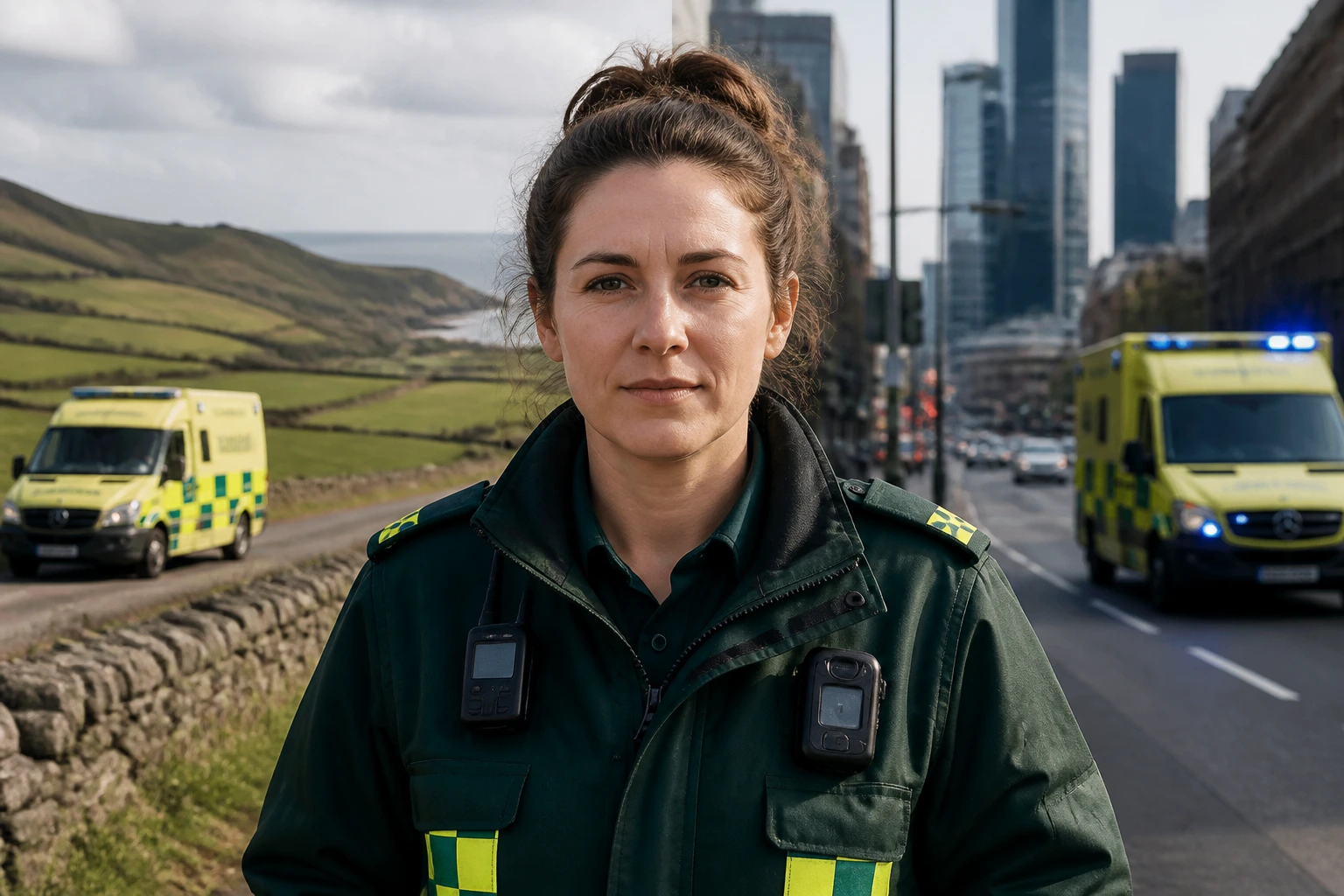 Paramedic in uniform with split rural-urban backdrop illustrating regional differences.