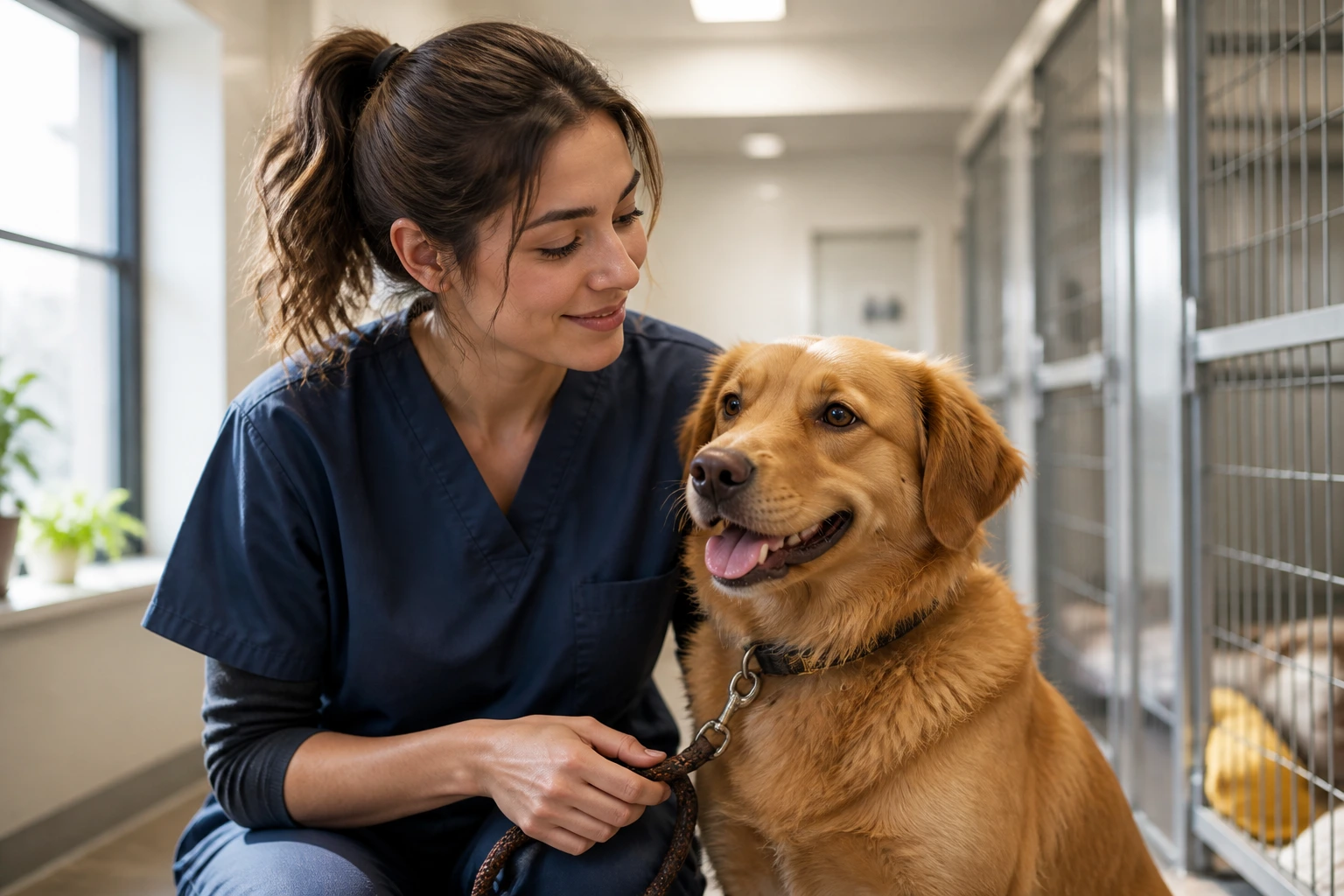 Close-up portrait of an animal-care professional with a dog in a kennel setting