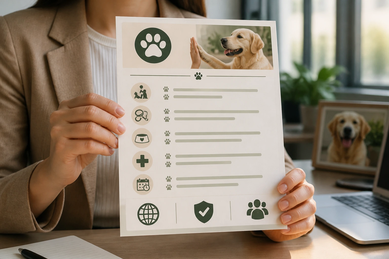 Person holding resume with icons for animal care tasks