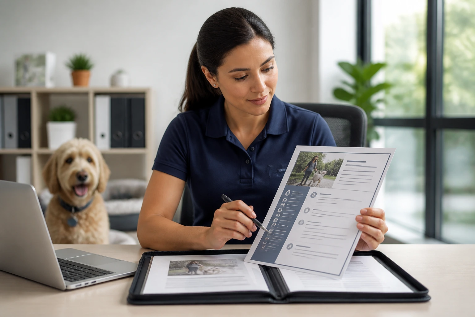 Professional animal care worker at a tidy desk with portfolio, emphasizing career focus