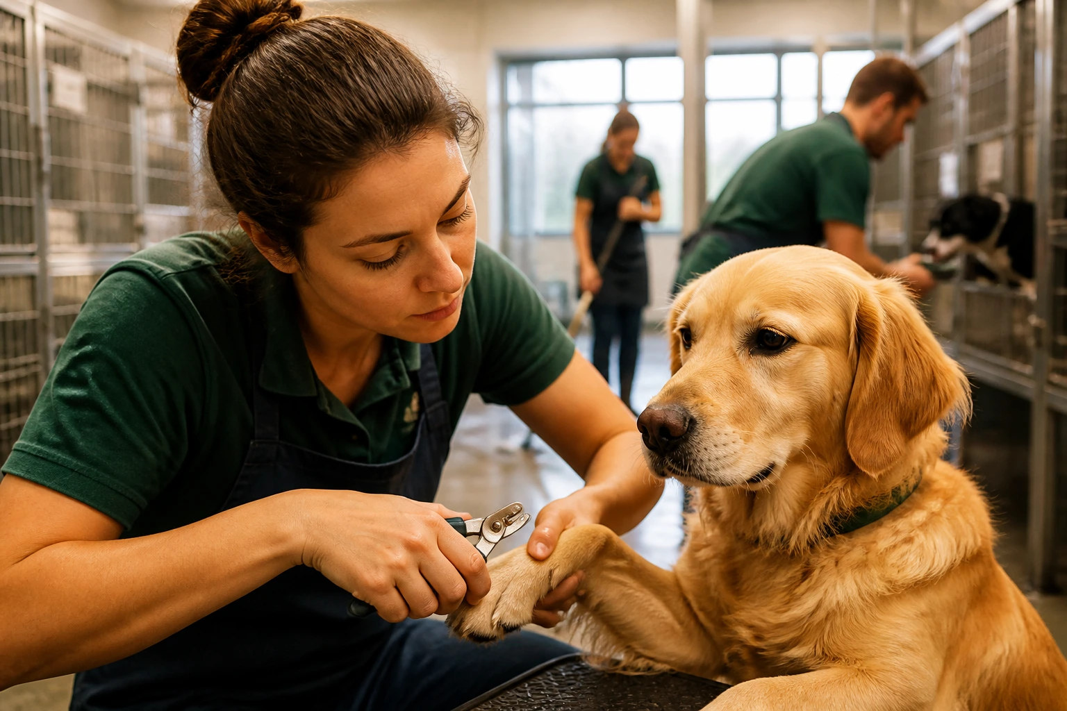 Portrait of a pet care professional at work in a busy facility, showing focus and professionalism