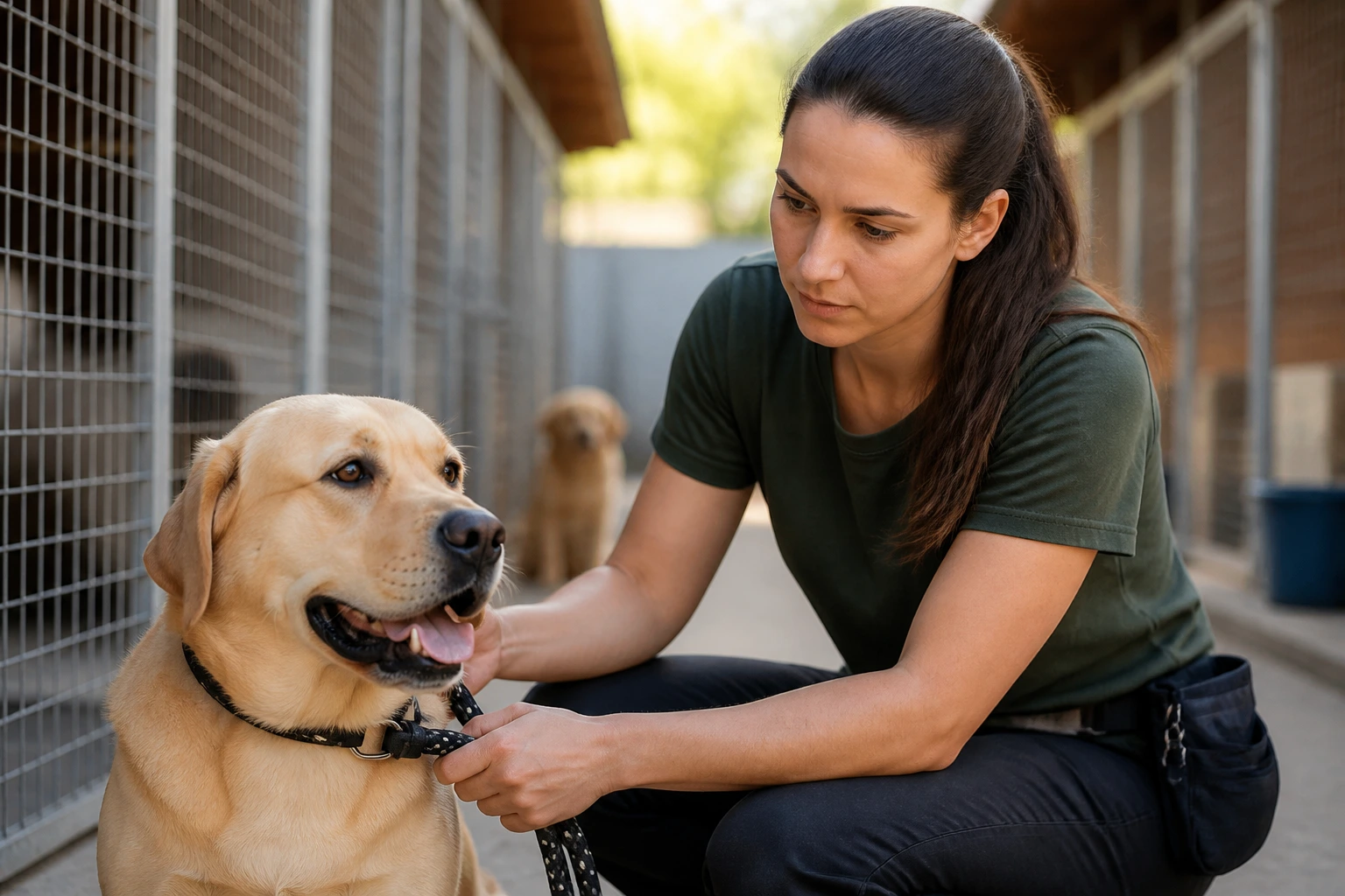 Pet-care worker demonstrating leash handling with a dog