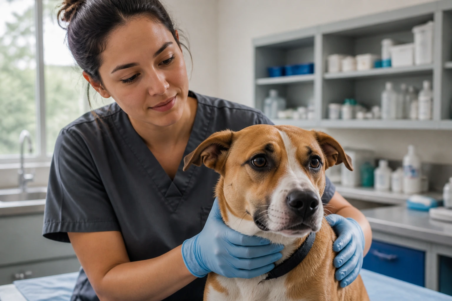 Portrait of veterinary assistant restraining a dog with calm technique
