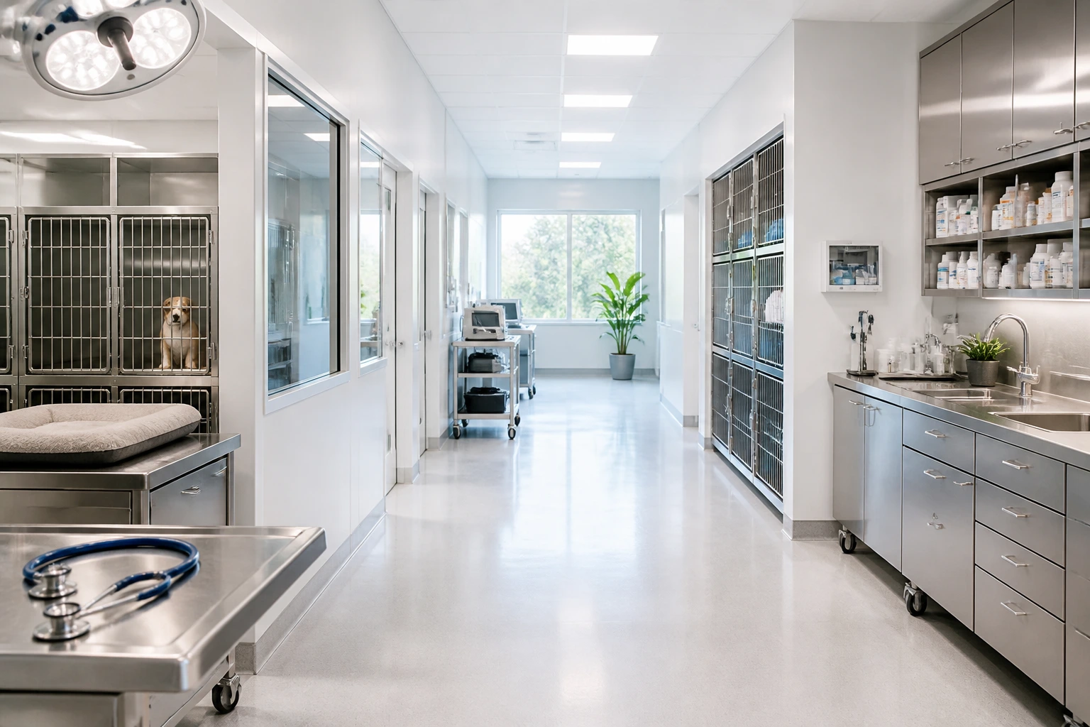 Bright modern veterinary hospital corridor interior.