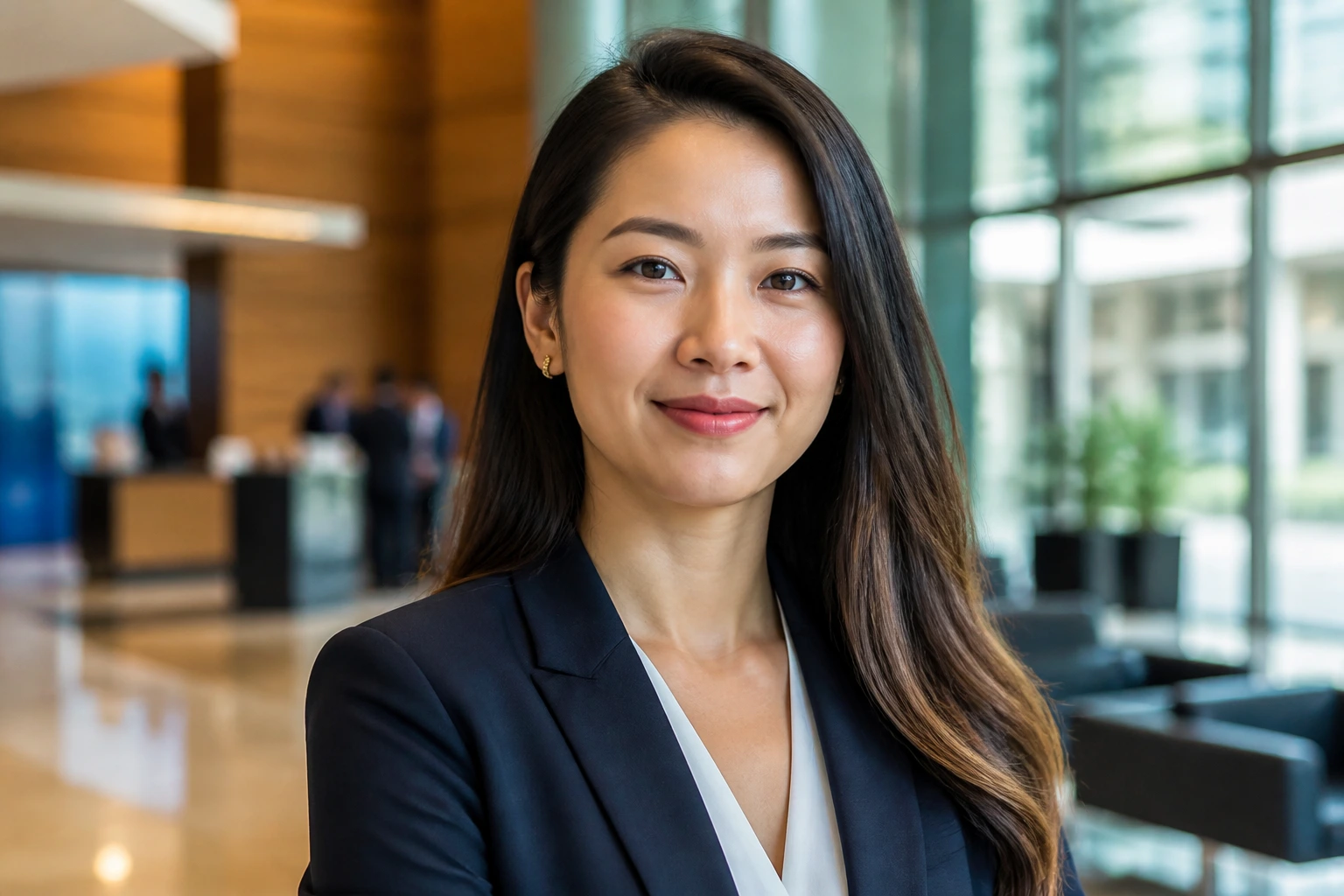 Close-up portrait of a banker in a modern bank lobby