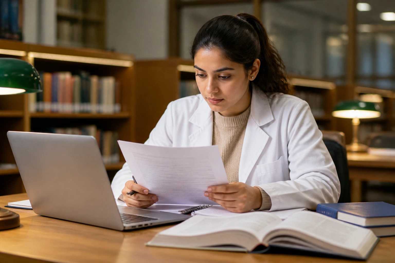 Candidate studying APC assessment materials in a library setting