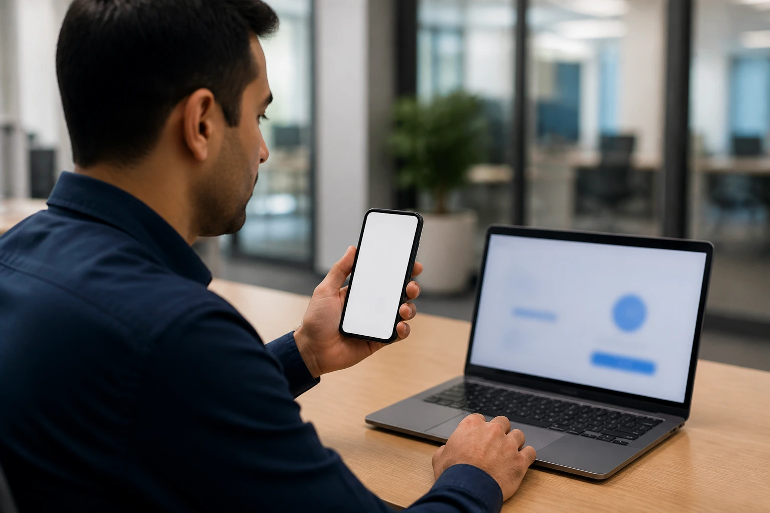 Person at a desk examining a phone with a generic, text-free app interface.