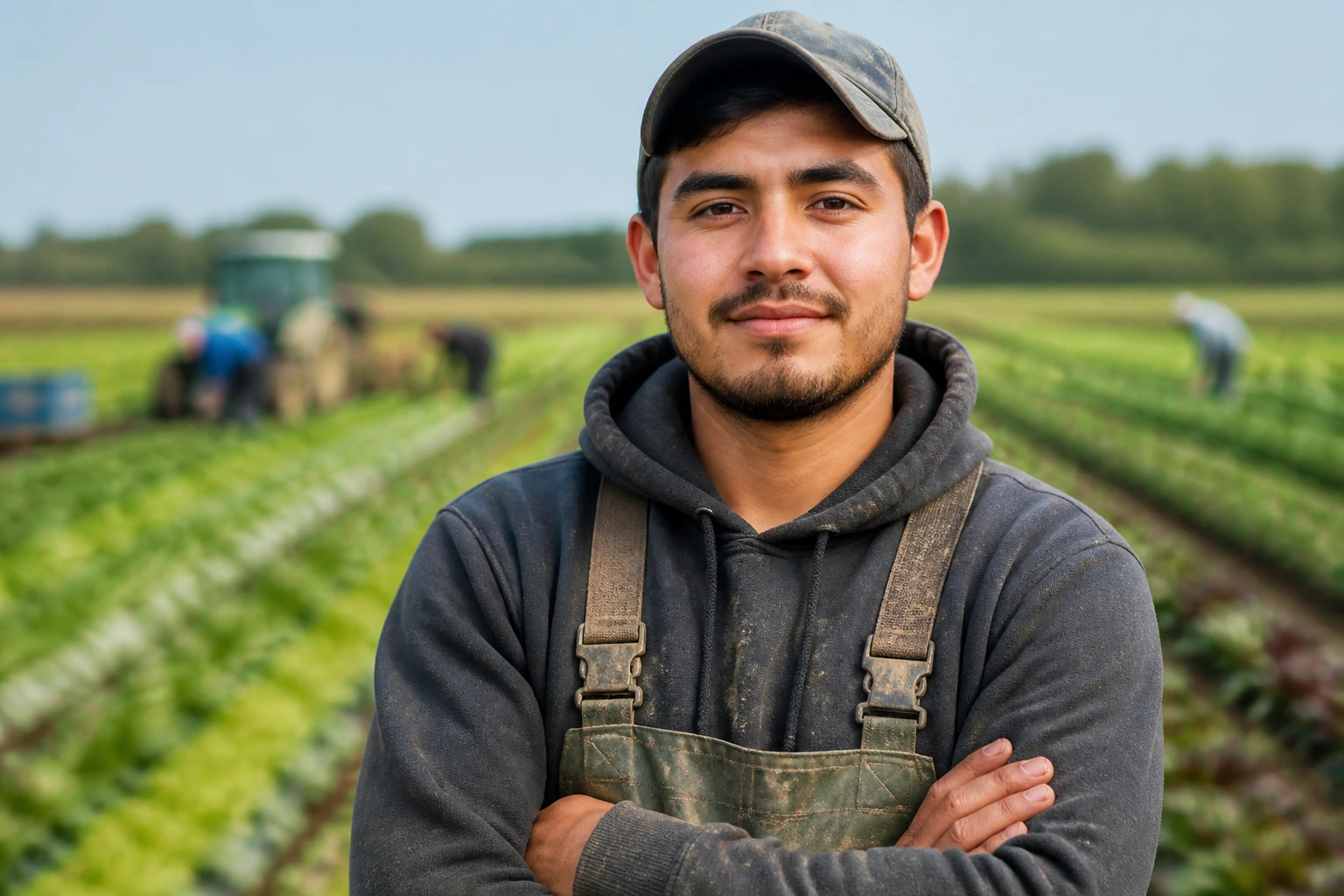 Portrait of farm job applicant in a field showing endurance.