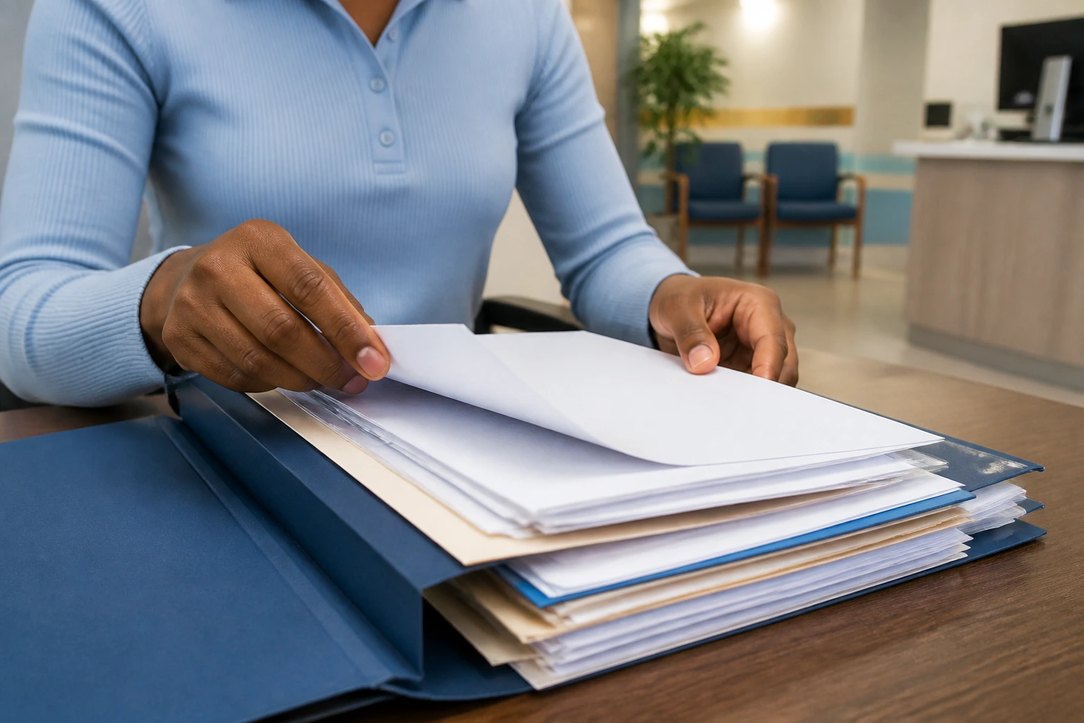 Applicant organizing documents for NHS recruitment process.