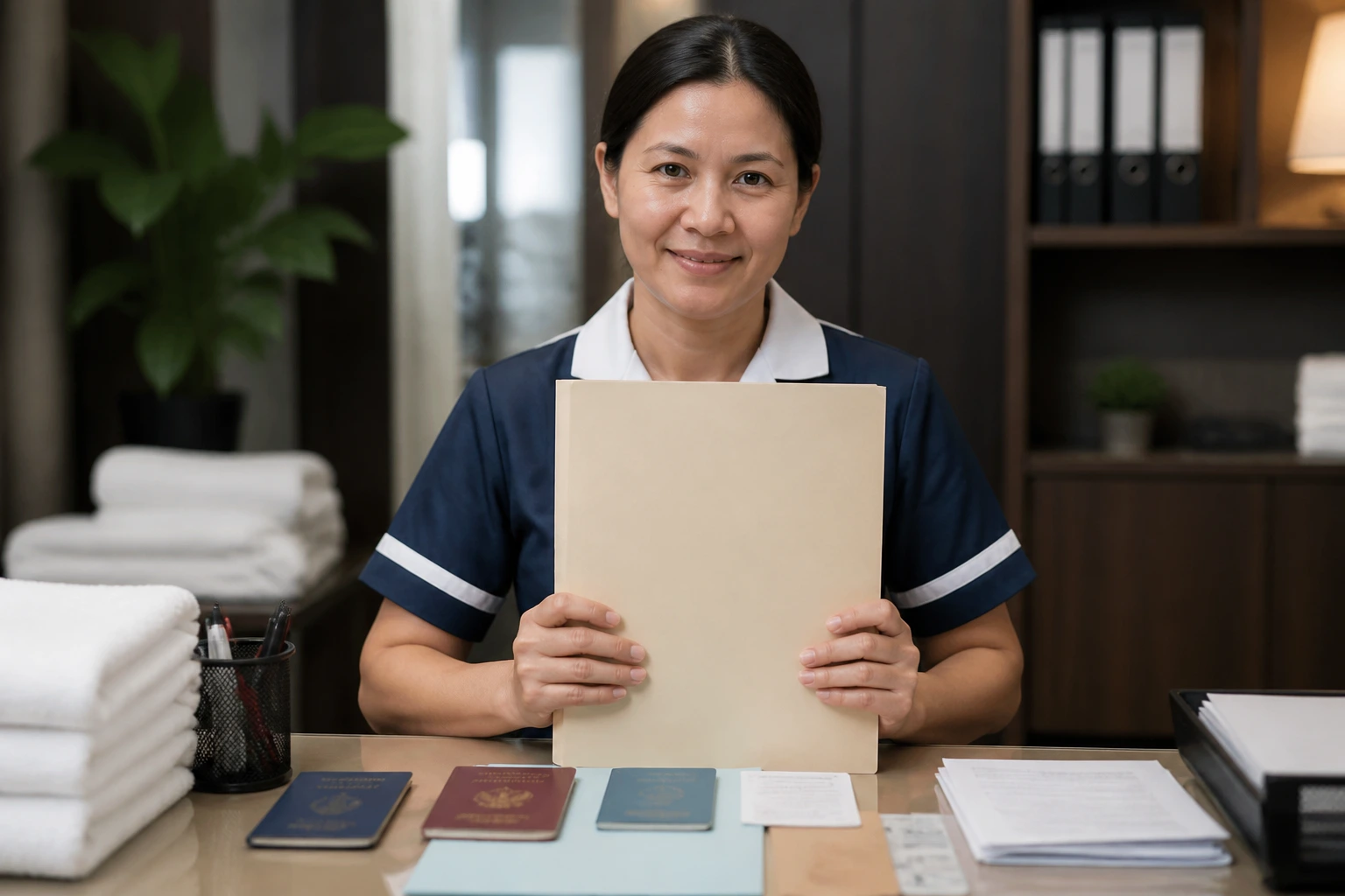 Cleaner holding a plain folder in an office, emphasizing documents