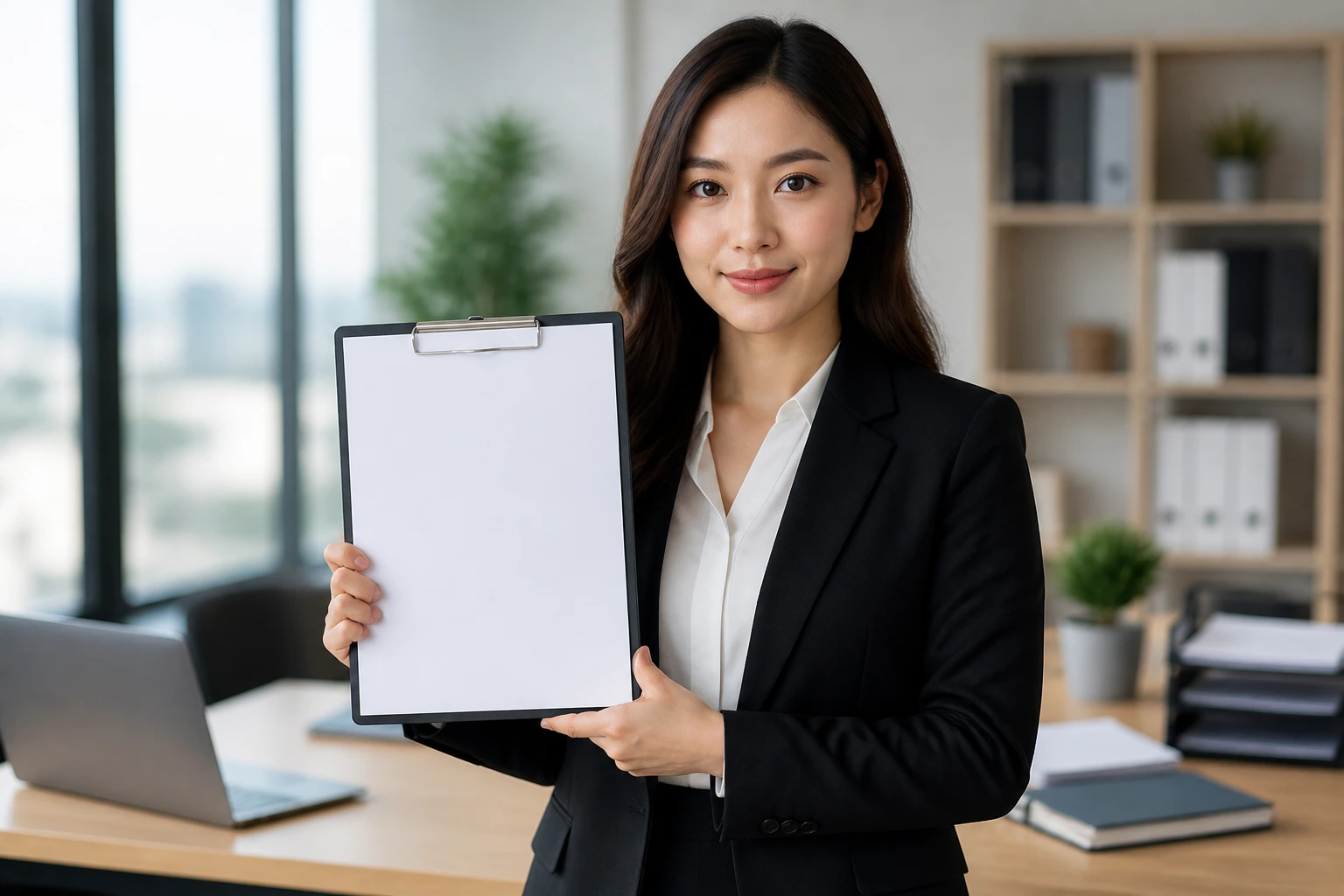 Professional holding clipboard with blank papers in an office