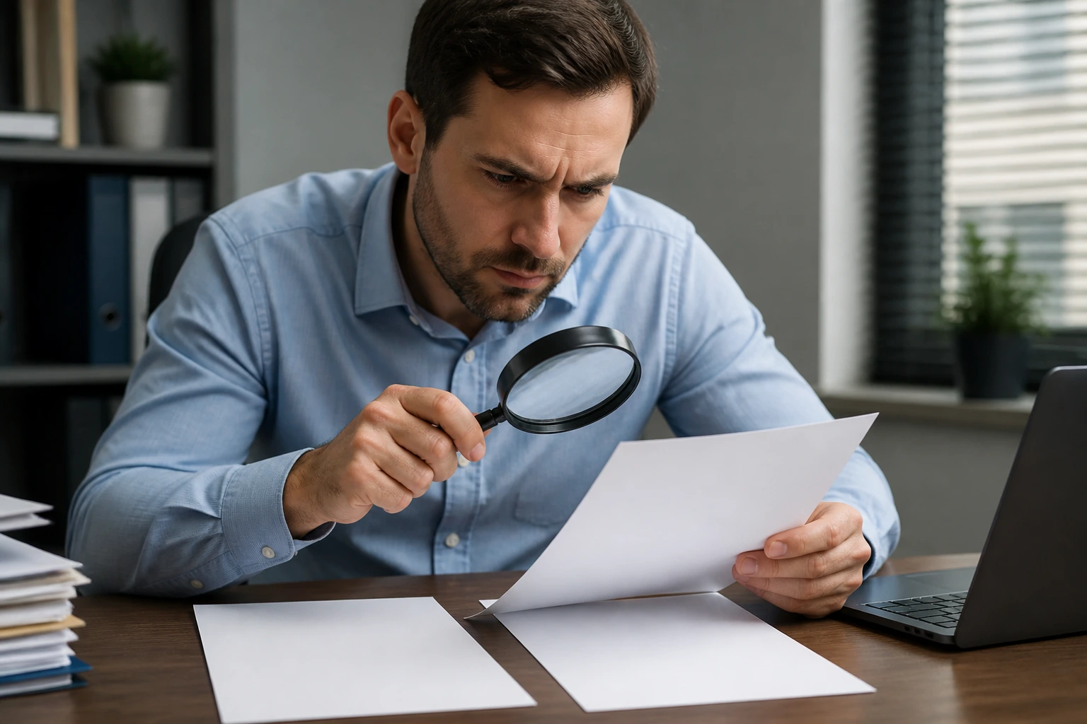 Close-up of a person reviewing two blank CV sheets with a magnifying glass.
