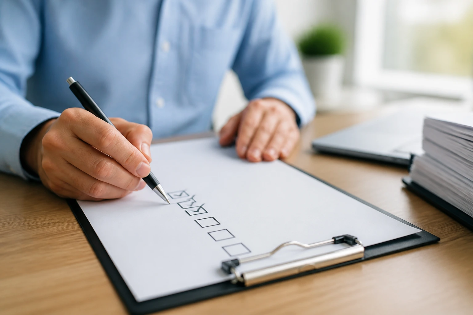 Person checking a blank checklist on a clipboard at a desk