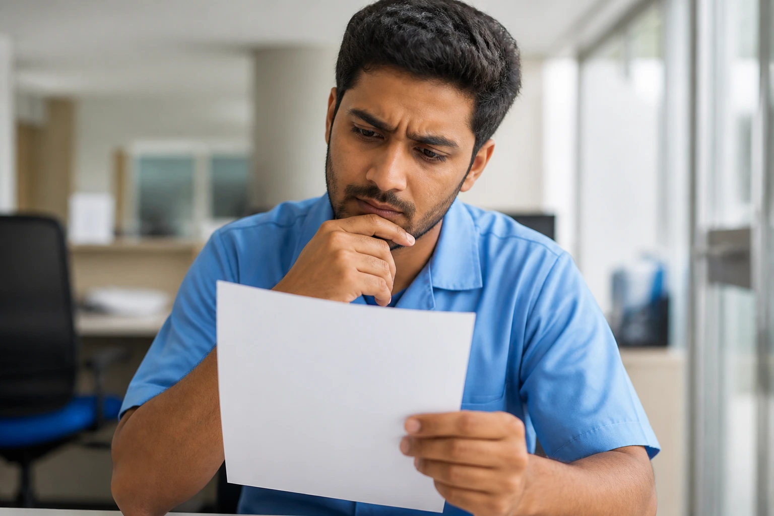 Candidate examining a blank application document in a recruitment setting.