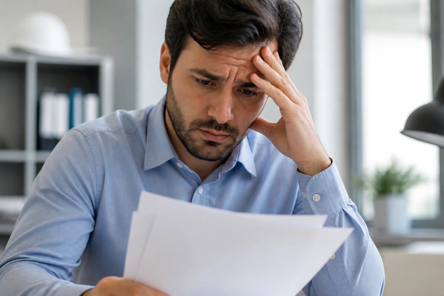Concerned professional in an office looking at documents, no text