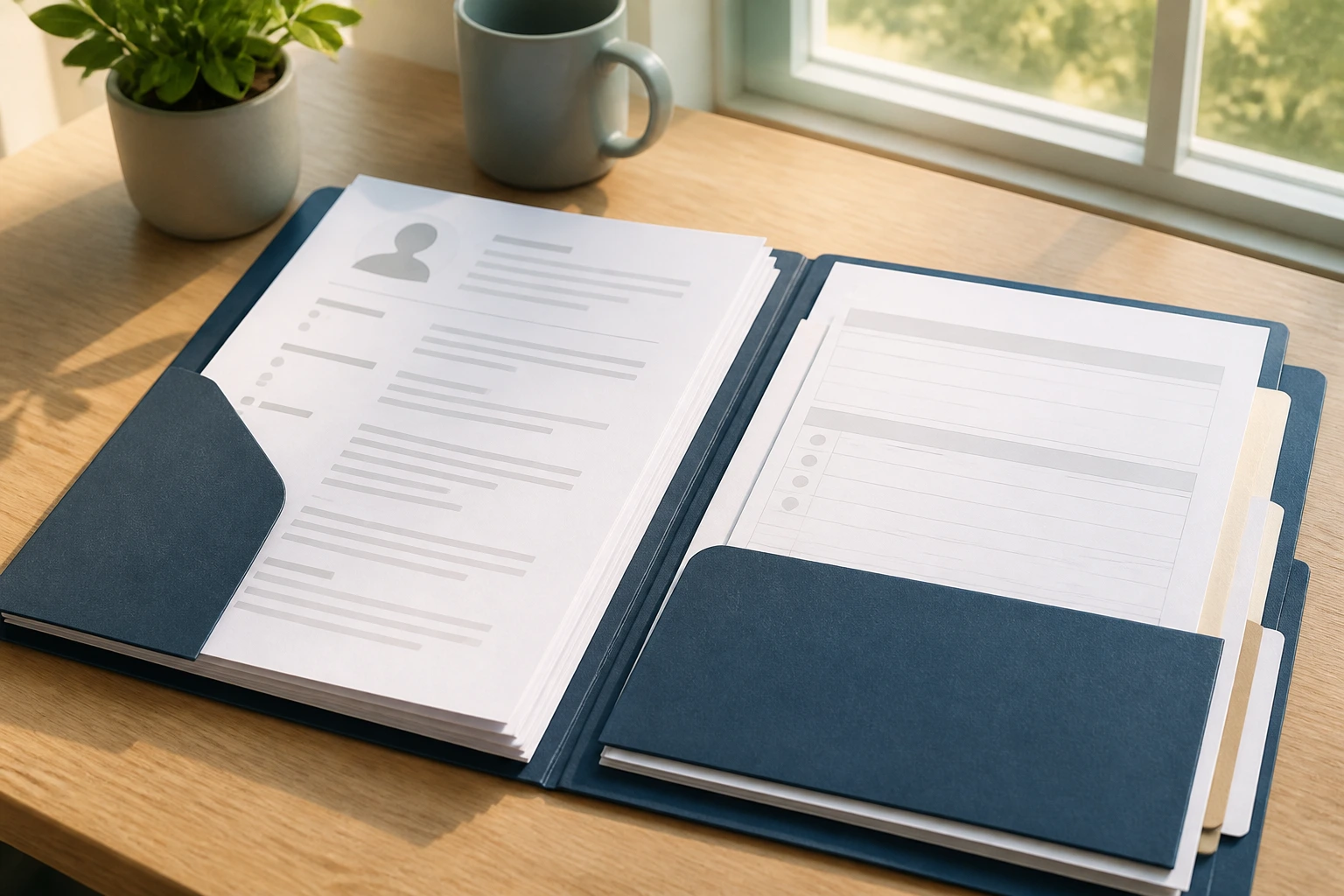 Close-up of blank resumes and forms arranged on a desk for an Australia-ready application pack