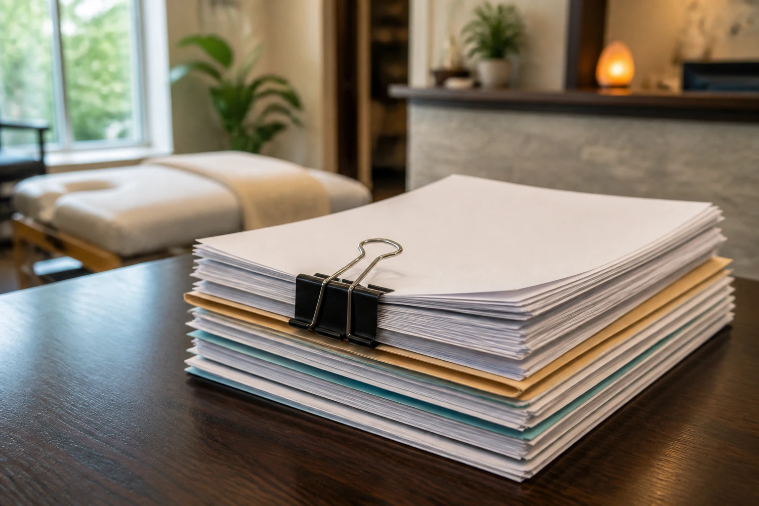 Close-up of a neat stack of application documents on a desk with binder clip, no text visible
