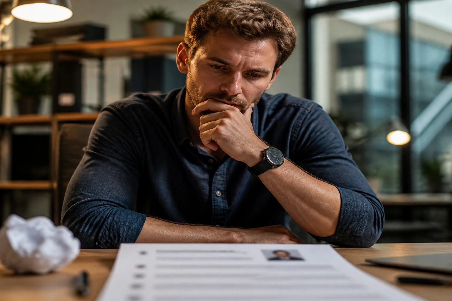 Candidate contemplating application pitfalls in an office setting