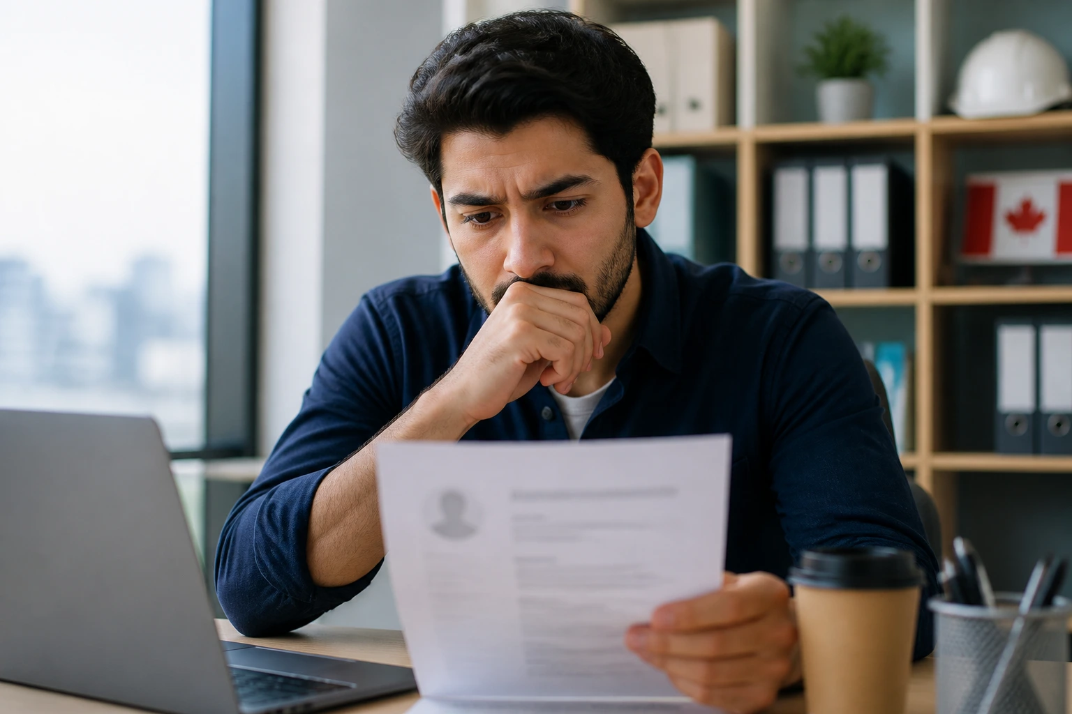 Thoughtful candidate evaluating a resume in a quiet office