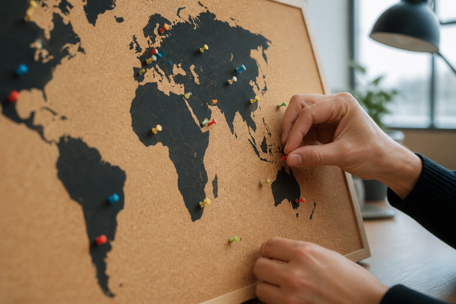 Hands pinning a travel plan on a corkboard map for overseas work