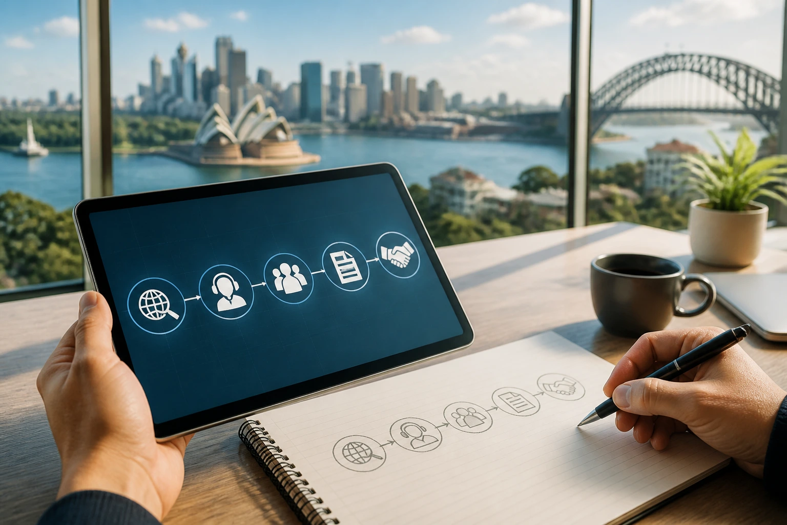 Close-up of hands with a tablet showing abstract flow icons for an application plan in a bright office