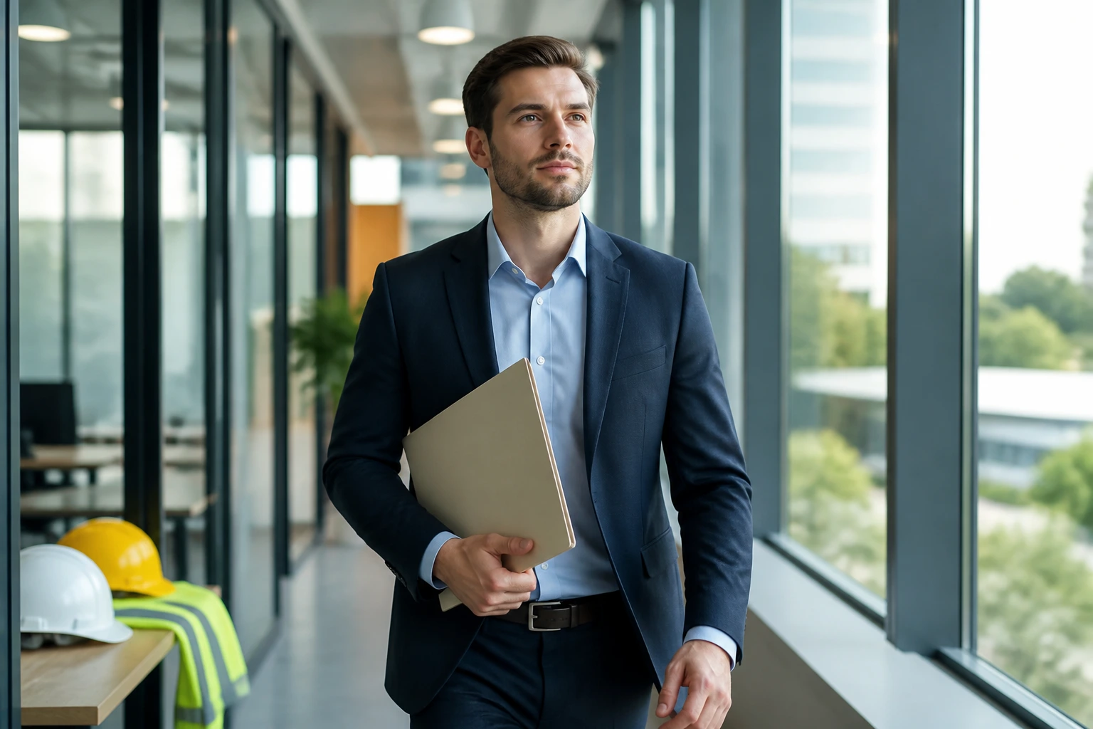 Medium close-up of a determined job applicant in a bright office corridor holding a blank folder