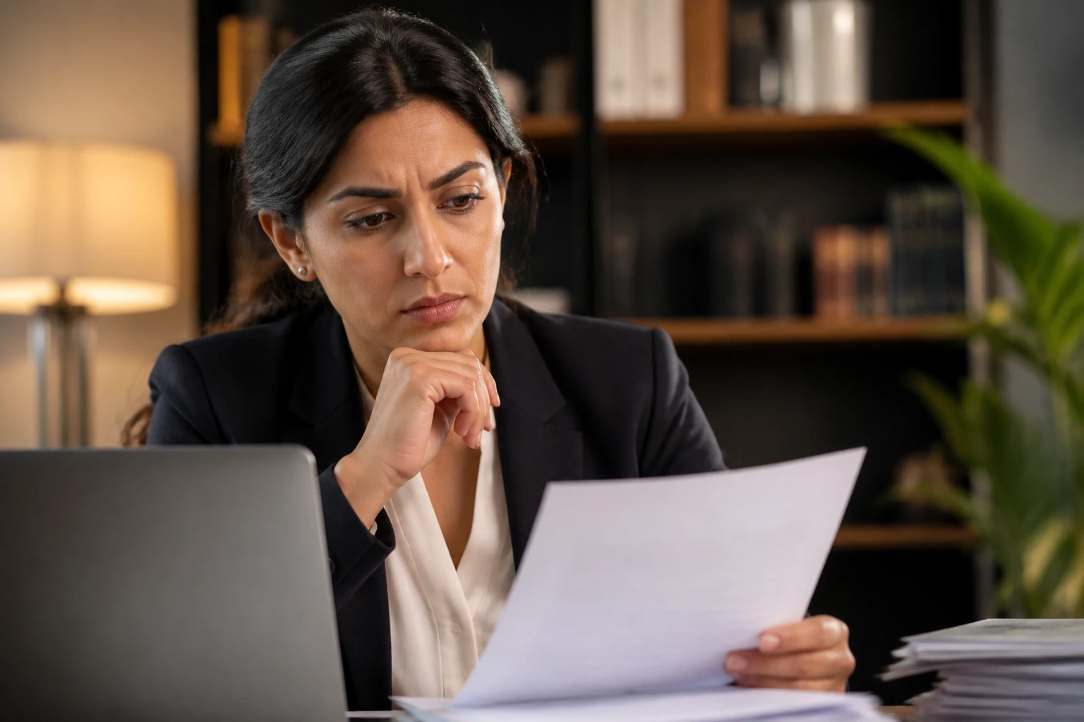 Thoughtful client reviewing documents in an office, illustrating visa application risks