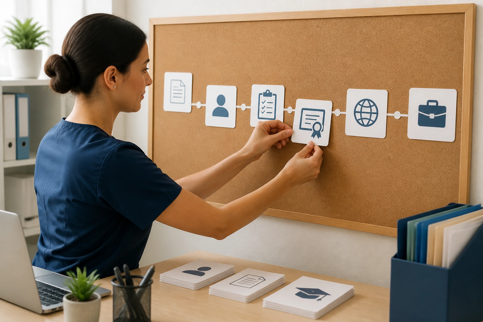 Portrait organizing documents in an orderly timeline setup on a desk
