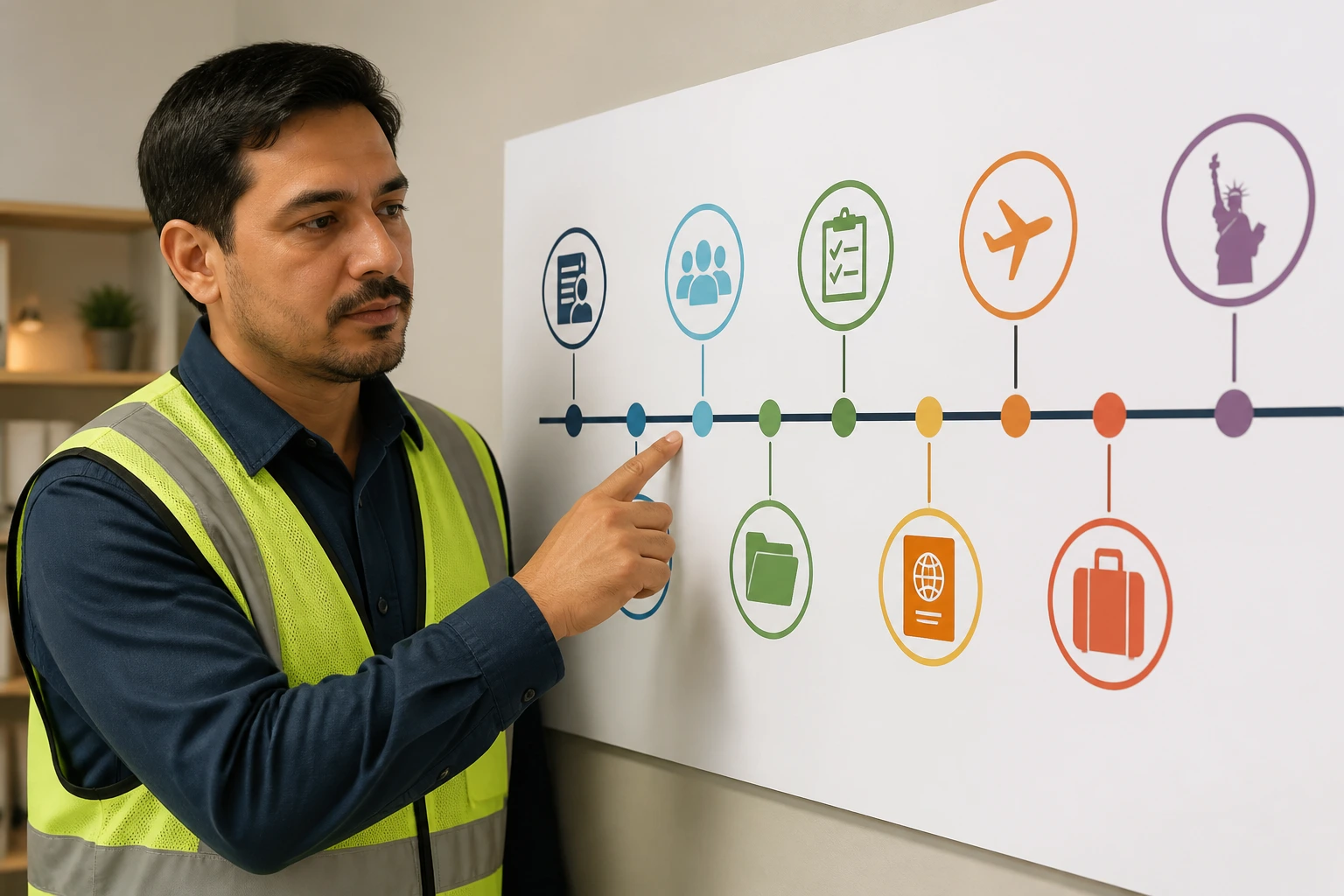 Person reviewing the visa/job application timeline in an office