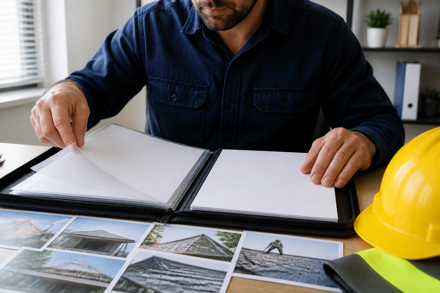 Close-up of a job applicant organizing a portfolio in an office