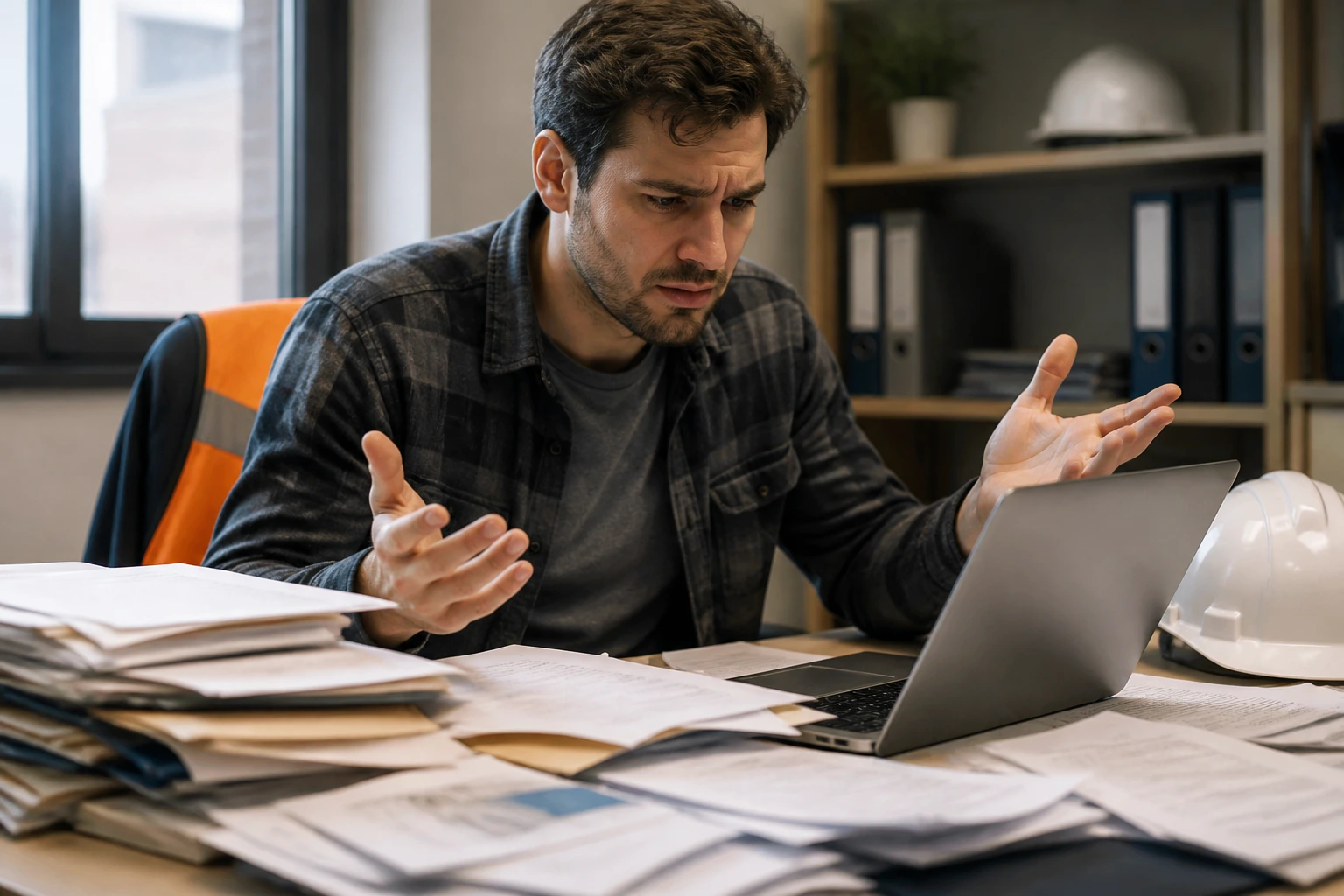 Person at a desk with a cluttered papers layout suggesting messy applications