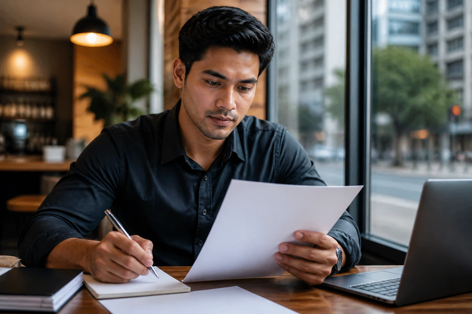 Applicant at cafe table with hands on resume