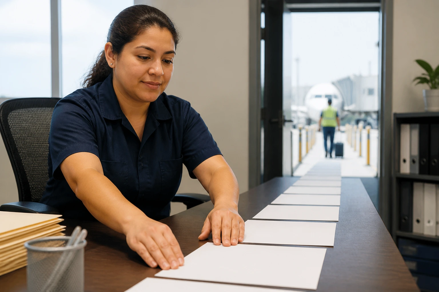 Portrait of a person at a desk guiding blank papers toward a doorway.