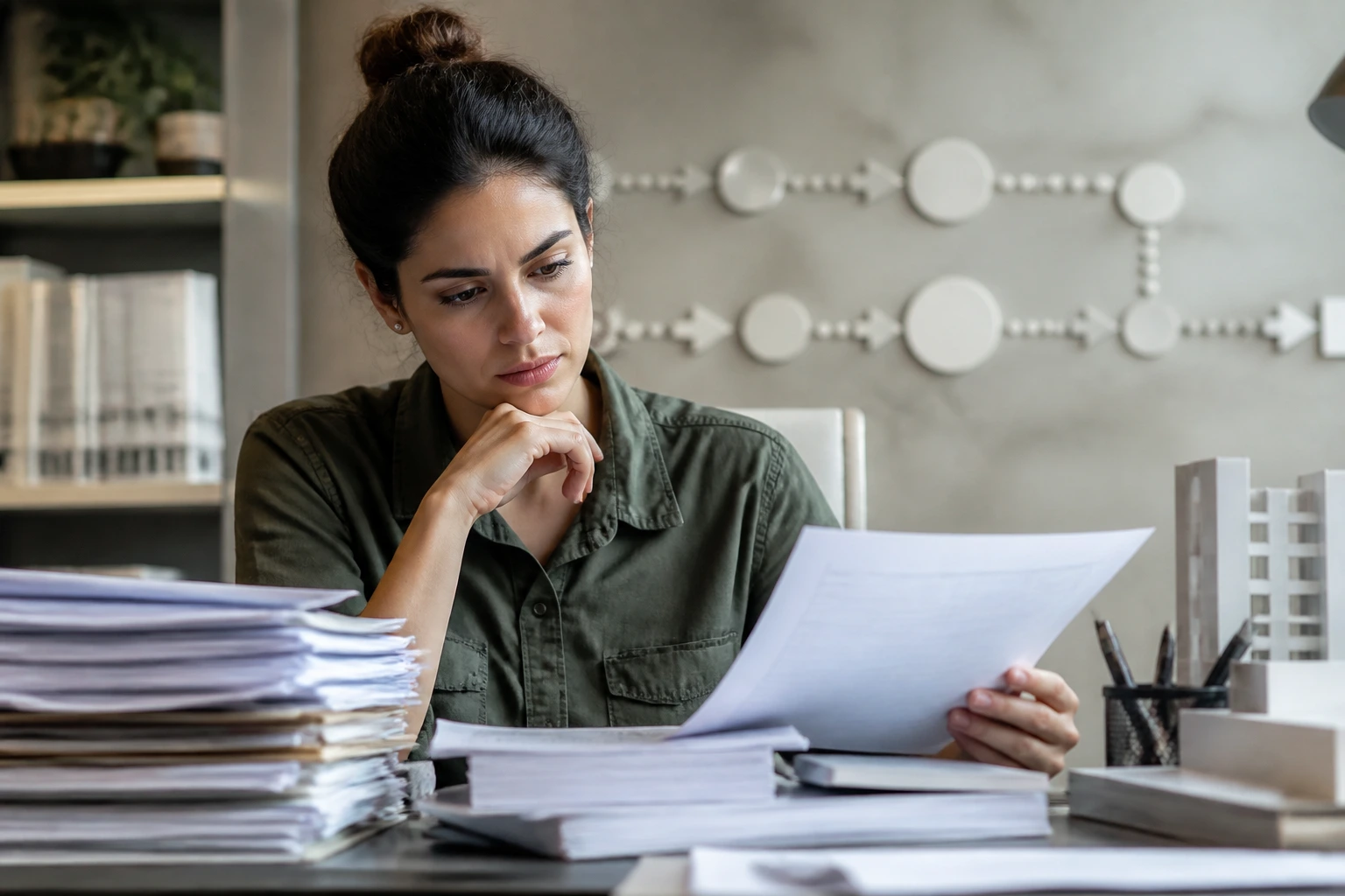 Person studying documents at a desk with a schematic, text-free flow behind them, symbolizing ARB steps
