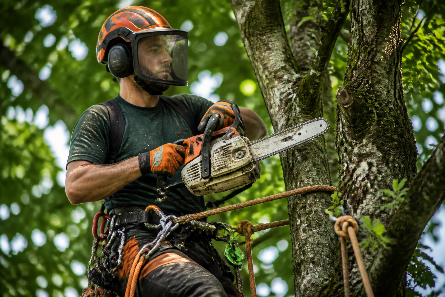 Arborist wearing climbing gear with chainsaw on a tree in a natural setting